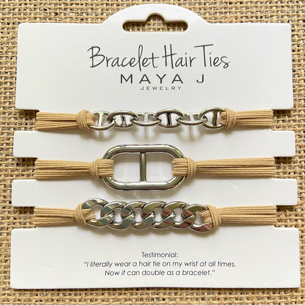 Maya J Jewelry Bracelet Hair Ties trio of silvertone links on beige elastic NEW